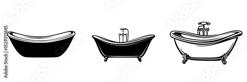 Elegant black icons of bathtubs showcasing modern and vintage designs for interior decoration and bathroom aesthetics