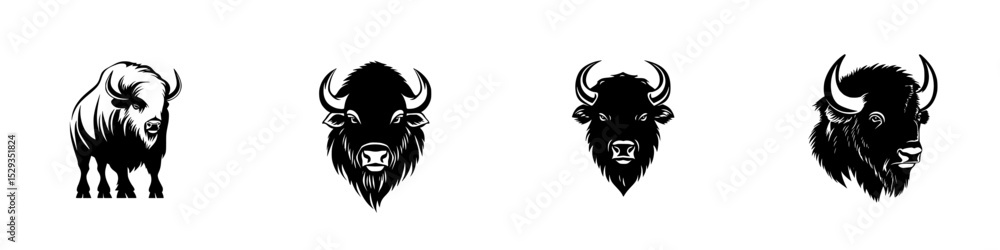 Obraz premium Black icon set of bison illustrations showcasing different perspectives and details