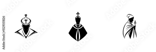Distinctive black icons representing different religious figures in solemn postures, emphasizing tradition and authority in spirituality