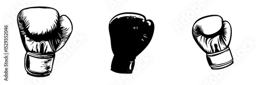 Set of three boxing gloves featuring different styles and designs for sports enthusiasts and training sessions
