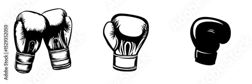 Boxing gloves illustration featuring various styles with a bold black icon design