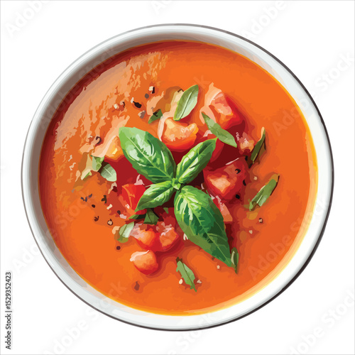 Overhead view of fresh tomato basil soup in white bowl isolated on white background