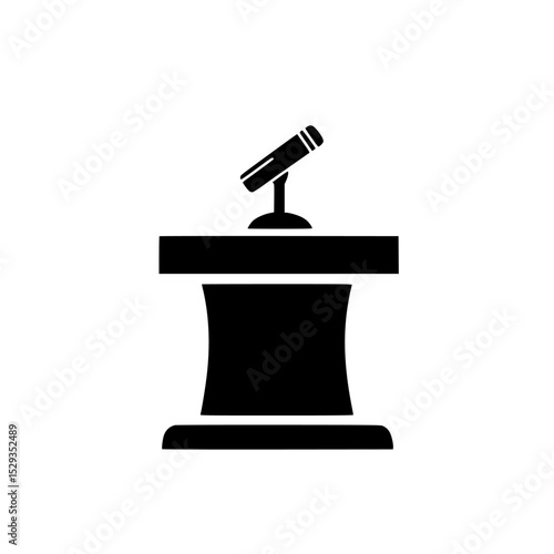 Black icon of a podium with microphone representing public speaking or presentation