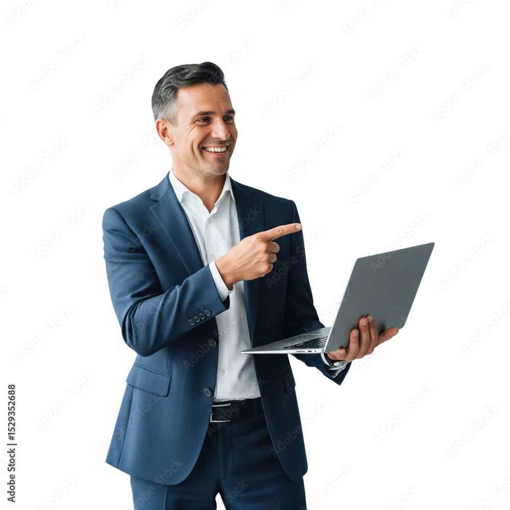 Confident Businessman Presenting Laptop, Success, Technology Confident Businessman Presenting Laptop, Success, Technology