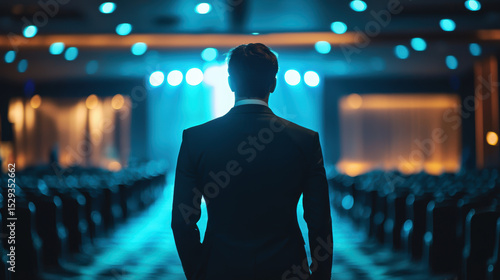 Man in suit stands confidently in dimly lit auditorium with blue lights
