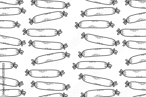 Seamless repeating pattern of hand-drawn red sausages on a white background. Fun and quirky food-themed design suitable for packaging, fabric, kitchen wallpaper, wrapping paper, and culinary projects.