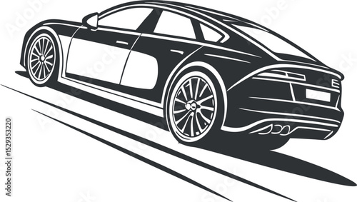 A collection of stylized monochromatic vector illustrations of sporty sedans, presented in various angles and line art styles.