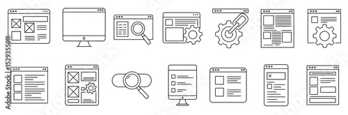 Collection of line icons for website structure, user interface, navigation, settings, search bars, content layout, and web development elements.