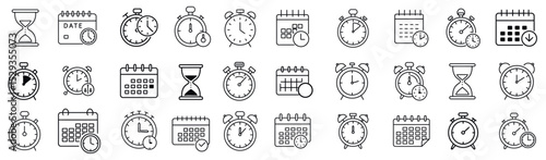 Icon set representing time tracking, schedules, productivity planning, clocks, deadlines, calendars, alarms, and time organization tools for effective management.