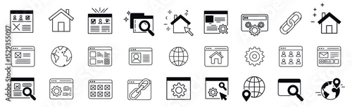 Icon collection for website and homepage design, navigation interface, hyperlink connection, user layout, browser gear setup, and global page visuals.