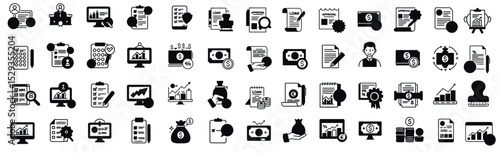 Set of outlined financial icons showing banks, coins, documents, credit cards, and approval stamps. These icons depict loan applications, credit approvals, and financial management. Concept of financi