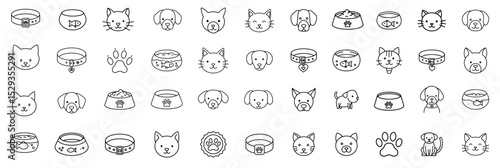 Set of linear icons featuring cats, dogs, food bowls, collars, paw prints, and fishbowls. Illustrations represent pet care, feeding, and accessories. Concept of domestic animal welfare and veterinary 