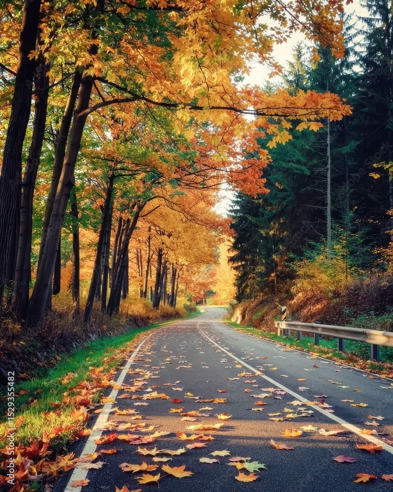 Fototapeta premium A winding asphalt road meanders through a sunlit autumn forest, flanked by trees ablaze with orange, gold, and red leaves. Fallen foliage carpets the path, embodying the serene, colorful charm.
