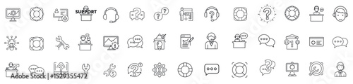 Icons with speech bubbles, lifebuoys, headsets, agents, and tools. Graphics show help, assistance, and communication. Concept of customer service and technical support.