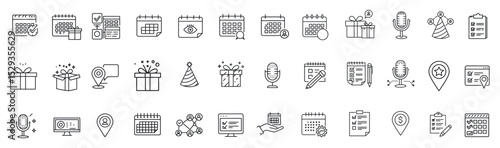 Event planning icons with calendars, gift boxes, microphones, checklists and party hats. Concept of schedule organization and celebration preparation.