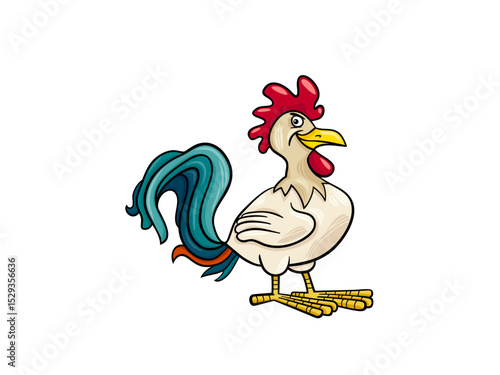 A Friendly Cartoon Rooster Standing Proudly with a Big Tail