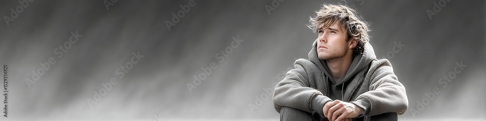 Fototapeta premium Pensive Young Man with Curly Hair Looking Away Calmly