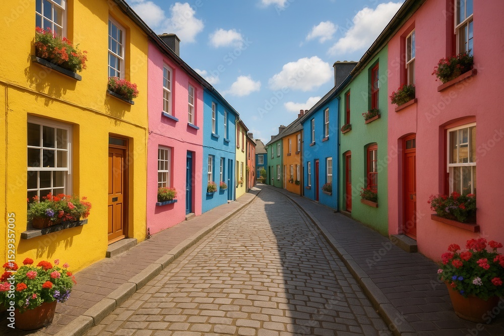 Fototapeta premium Irish Charm Picturesque Colorful Painted Houses Lining a Quaint Cobblestone Street in Kinsale Cork Ireland