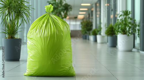 Green garbage bag tied and placed in clean modern hallway with potted plants, symbolizing waste management and environmental care in indoor setting