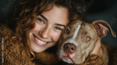 Happy young woman with curly hair and freckles smiles warmly while hugging brown dog with light eyes, showing close bond and affection between them