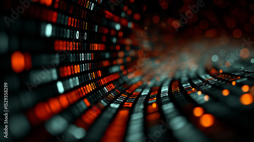 Binary code data stream with glowing orange and white digits in curved digital tunnel, representing technology and futuristic computer concept with depth and motion blur effect