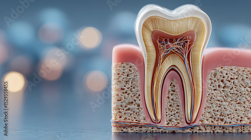 Tooth cross section with enamel, dentin, pulp, nerves, and blood vessels, showing detailed internal structure and surrounding gum tissue in medical