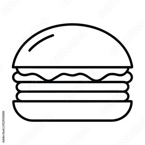 A classic burger icon rendered in a clean, thin line art style. This minimalist vector is perfect for fast-food branding, restaurant menus, and app interfaces. The simple, bold outline is instantly re