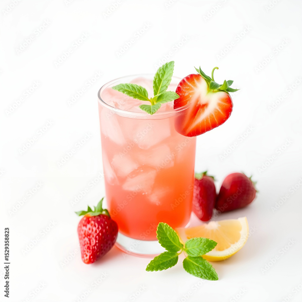 Red strawberries smoothie. Glass with blended berries at table on blurred background. Organic antioxidant cocktail. Healthy fresh juice or soft drink. Dietary vitamin product. Soft focus. Copy space Red strawberries smoothie. Glass with blended berries at table on blurred background. Organic antioxidant cocktail. Healthy fresh juice or soft drink. Dietary vitamin product. Soft focus. Copy space