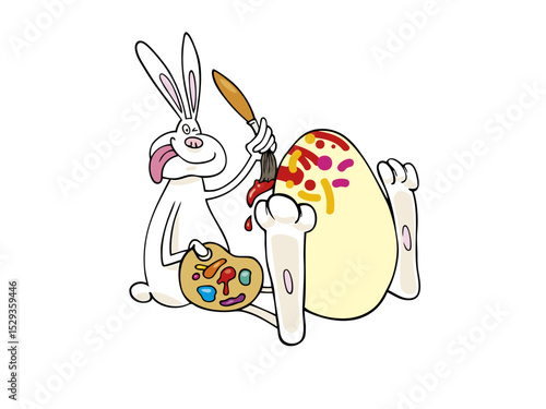 Easter bunny carefully painting beautiful decorated egg for children