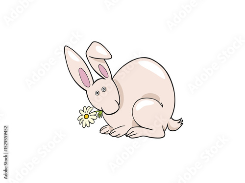 Cute Cartoon White Rabbit Nibbling a Daisy Flower