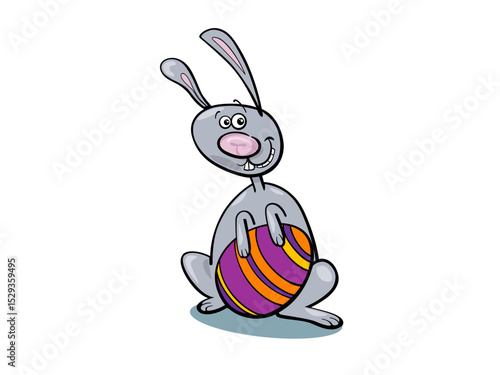 Adorable Cartoon Easter Bunny Holding a Large Colorful Decorated Egg