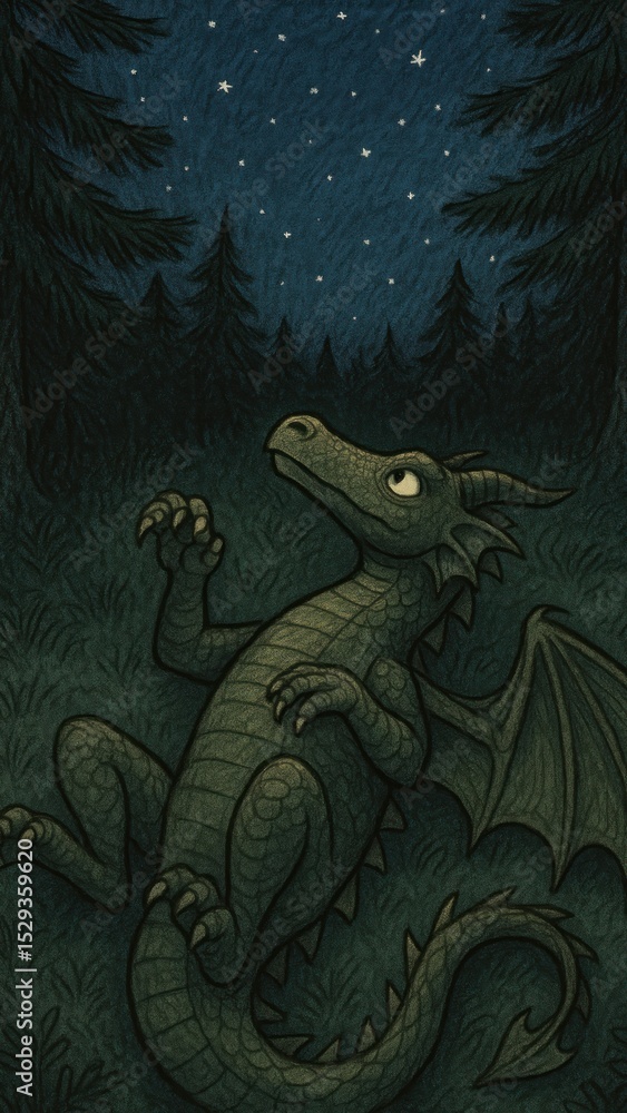 Fototapeta premium Whimsical dragon under starlit sky.