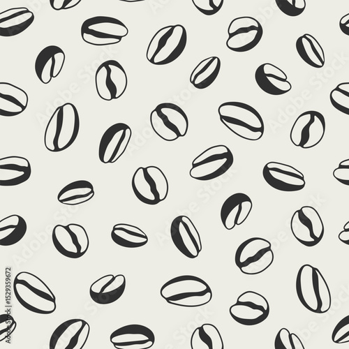 Hand drawn doodle seamless pattern of coffee beans. Outline illustration of falling beans in sketch style. Vintage linear design for poster, print, wrapping paper, menu, wallpaper