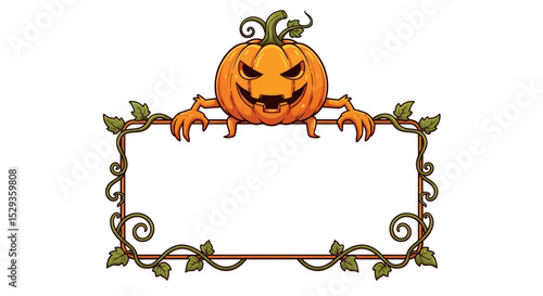 Spooky Halloween Pumpkin Character with Decorative Vine Frame