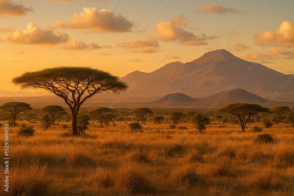 Obraz premium African Savanna Landscape with Majestic Mountain Views in National Wildlife Park During Golden Hour