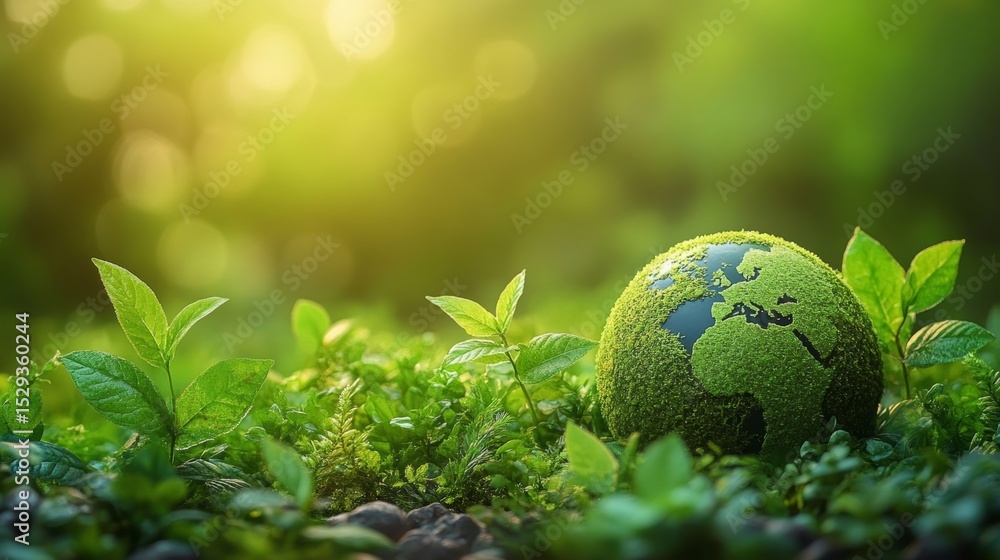 Lush Green World Globe Surrounded by Fresh Plants in a Sunlit Environment Lush Green World Globe Surrounded by Fresh Plants in a Sunlit Environment