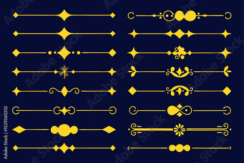 Elegant gold line dividers with various decorative design elements on a dark background.