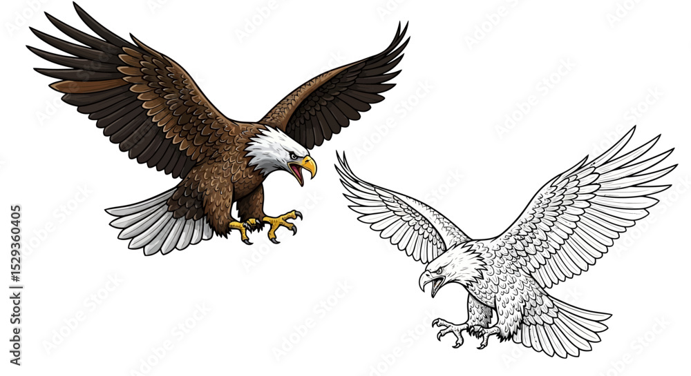 Obraz premium Two Majestic Eagles in Flight, Detailed Illustration