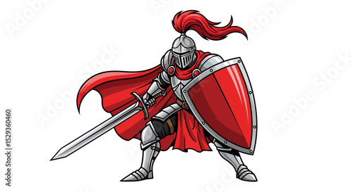 Cartoon Knight in Full Armor with Sword and Shield