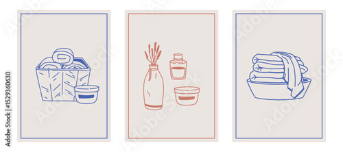 Set of trendy doodle home decor illustrations with blue and terracotta outlines. Minimalist bathroom elements including towels, cream jars, and vases. Isolated vector for interior design projects.