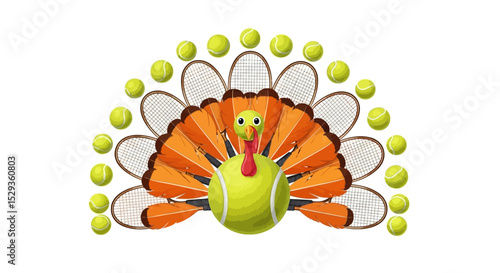 Tennis Ball Turkey with Rackets and Festive Feathers