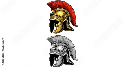 Two Detailed Illustrations of Roman Gladiator Helmets with Crests