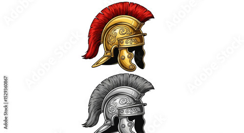 Two Detailed Illustrations of Roman Gladiator Helmets with Plumes