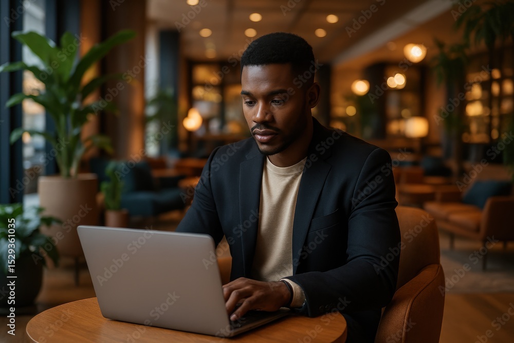 Contemporary African American Professional Working Remotely in Stylish Modern Cafe Hotel Lobby Space Contemporary African American Professional Working Remotely in Stylish Modern Cafe Hotel Lobby Space