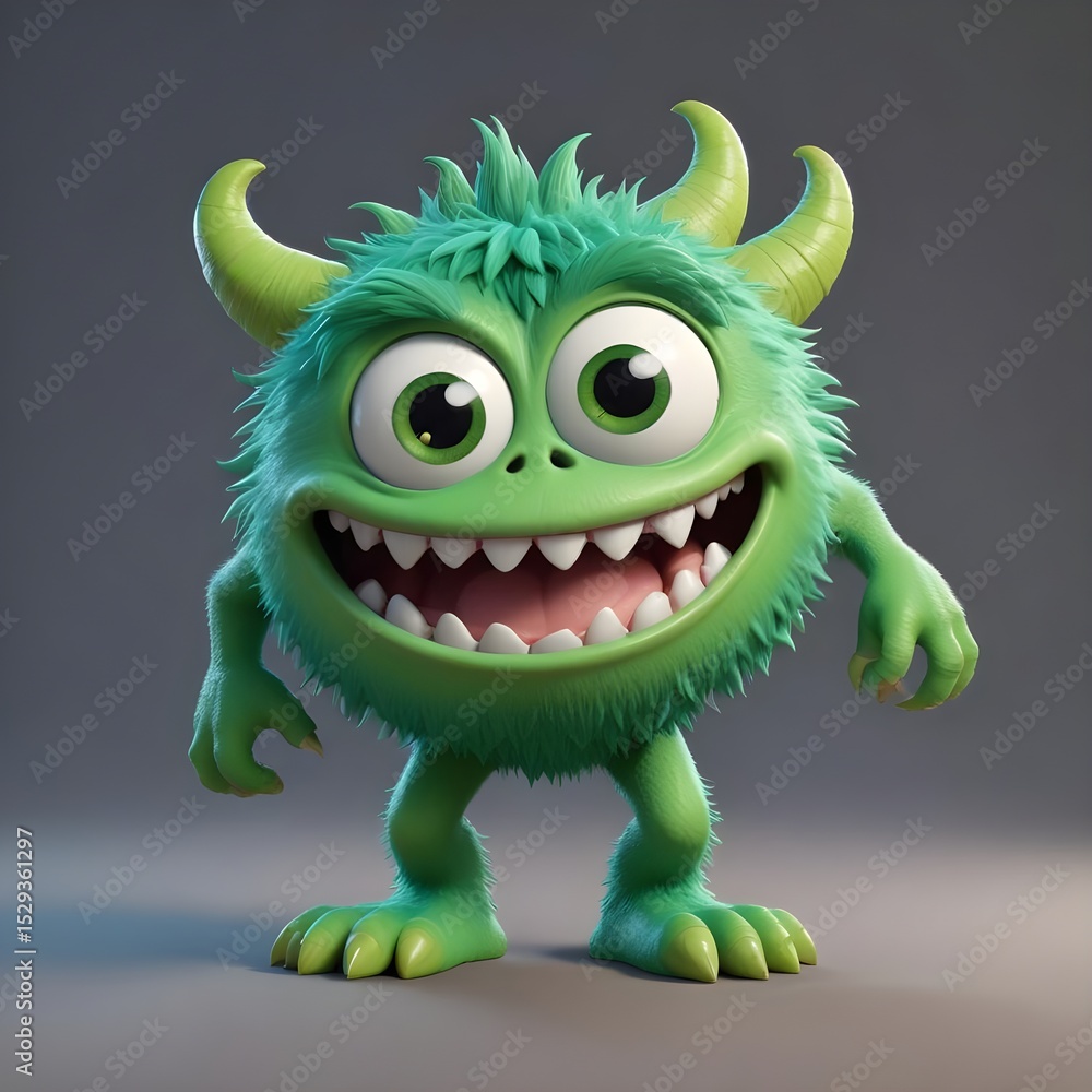 Fototapeta premium 3d model A cute green monster with large eyes