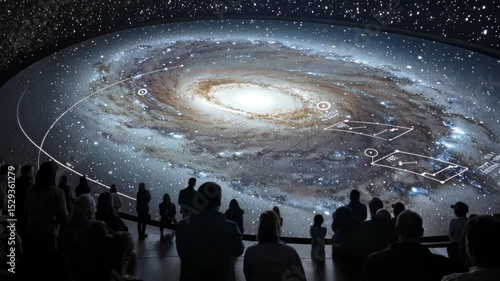 Crowd engages in captivating planetarium space presentation with galactic projections. Big data visualization
