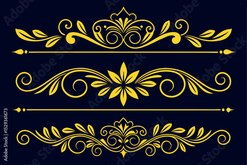 Elegant golden flourish dividers on a dark background for decorative design elements