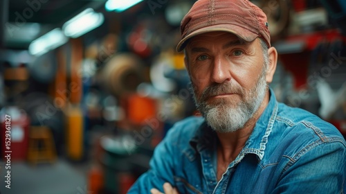 Wallpaper Mural A rugged portrait of an older man with a beard and cap, exuding wisdom and craftsmanship, set against a backdrop of tools and materials in a well-used workshop. Torontodigital.ca