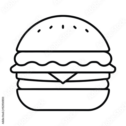 A classic burger icon rendered in a clean, thin line art style. This minimalist vector is perfect for fast-food branding, restaurant menus, and app interfaces. The simple, bold outline is instantly re