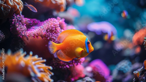 Fototapeta Naklejka Na Ścianę i Meble -  A stunning underwater scene reveals a colorful clownfish swimming among bright corals, showcasing the beauty and diversity of marine life in a coral reef ecosystem.